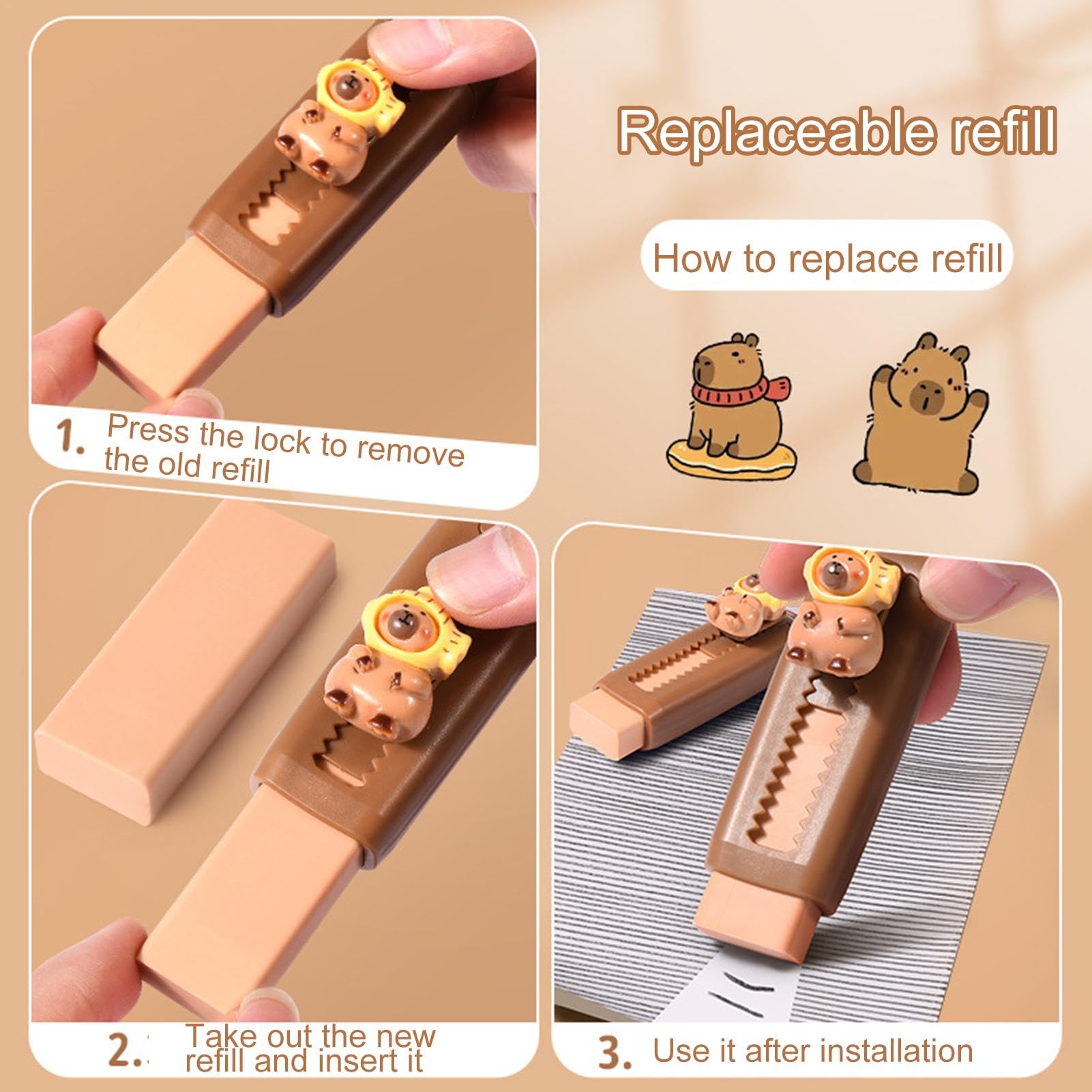 16 Gommes Rétractables Enfants Puasok - Motifs Kawaii Capybara Et Panda, Push-pull, Sans Désordre, Cadeau Fête Ou école 4-10 Ans
