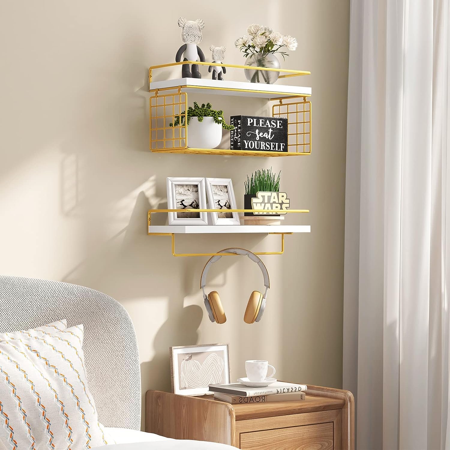 Akeefi 2+1 Tier Wall Mounted Floating Shelves with Wire Storage Basket & Towel Rack, Rustic Wood Bathroom Shelves with Metal Frame, Farmhouse Decor for Kitchen, Bedroom, Living Room (Gold) (B0CG6HLB73) Amazon Price History, Amazon Price Tracker