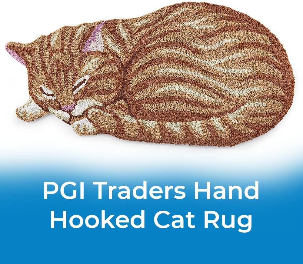 SAGEFINDS Hand Hooked Cat Rug | Orange Tabby Shaped Accent Mat | Cute Sleeping Kitty Area Rug | 17” x 35”