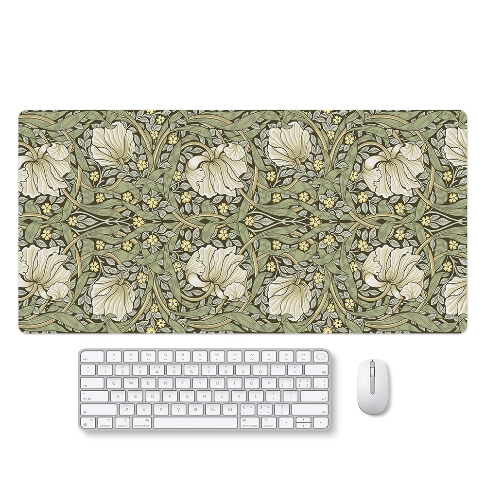 Reateforin William Morris Mousemat Vintage Floral Mouse Pad 15.7"x31.5" Farmhouse Rustic Sage Green Yellow Flowers Desk Mat Large Mousepad Desk Pad