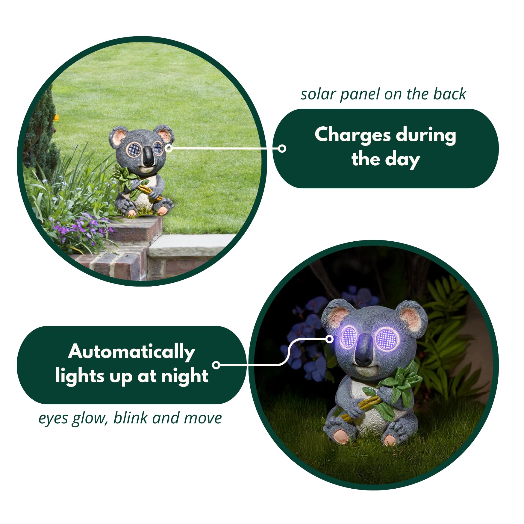 Garden Mile Adorno solar de koala de jardín – Koala LED parpadeante alimentado por energía solar, decoración al aire libre, estatua de resina resistente a la intemperie con luces LED para patio,