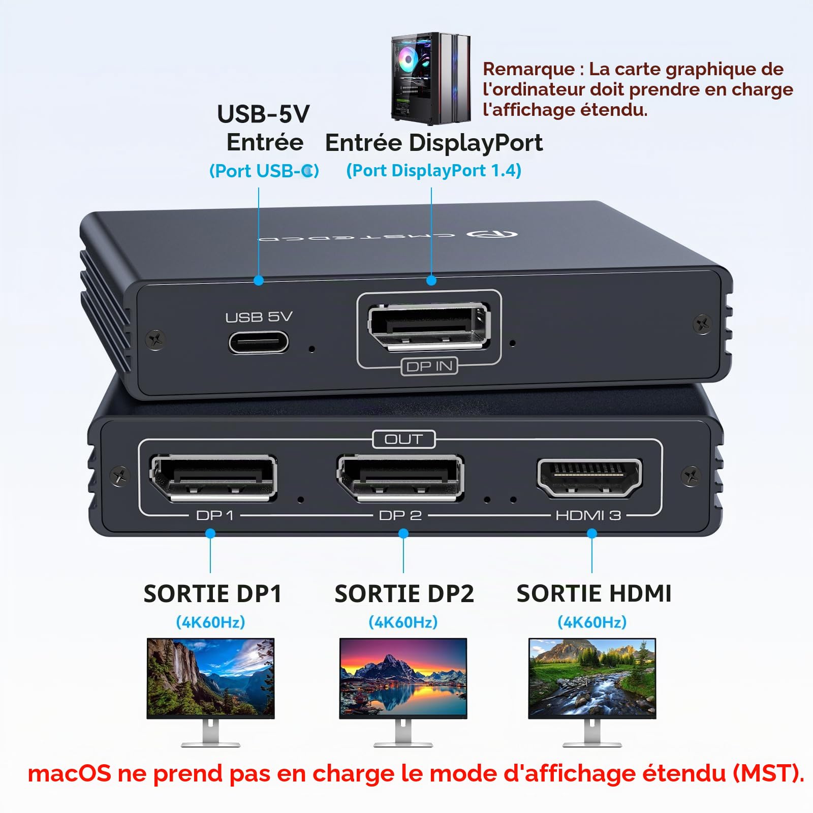 VEDINDUST Répartiteur DisplayPort 1 entrée 3 Sorties DP vers HDMI & DP Adaptateur, 4K@120Hz 4K@60Hz Supporte Les Modes MST et SST Affichage étendu MST pour Windows Uniquement