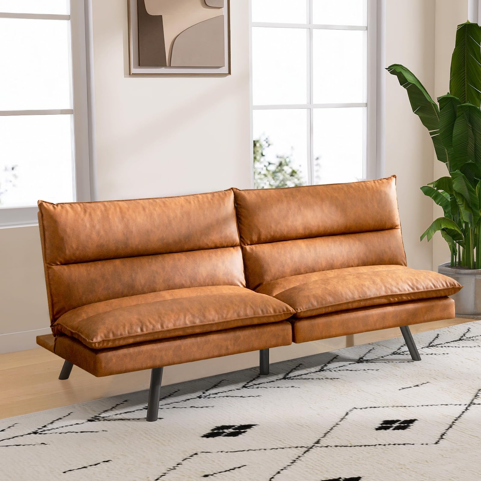 Sunny Heart 71" Futon Sofa Bed Memory Foam Faux Leather Futon Sofa, Convertible Modern Loveseat Sleeper with Adjustable Backrests and Armrests for Living Room, Office, Apartment, BrownOEKO-TEX STANDARD 100