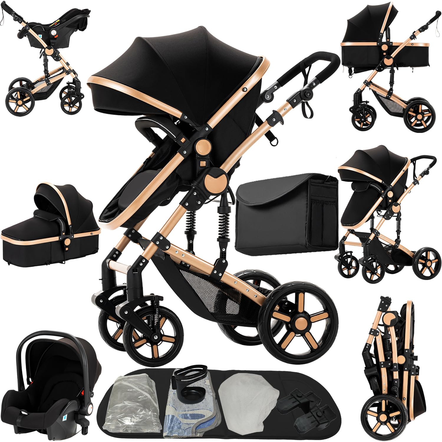 Kinderwagen 3 in 1 Set mit Umkehrbarem Zwei-Wege-Schub, Faltbar, Aluminiumlegierung Rahmen, Baby Kleinkind Neugeborene (black gold)