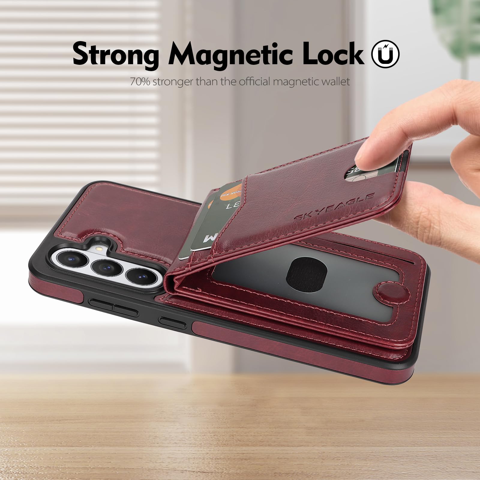 SkyEagle Compatibile Magsafe 2 in 1 staccabile Samsung Galaxy S26 FE custodia a portafoglio porta carte di credito donne uomini, custodia magnetica antiurto in pelle PU con blocco RFID, cavalletto