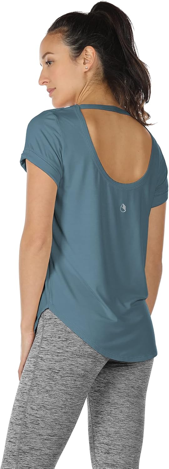 icyzone Open Back Yoga Shirts for Women - Exercise Workout Tops, Athletic Short Sleeves, Running T-Shirts Loose Fit - Image 3