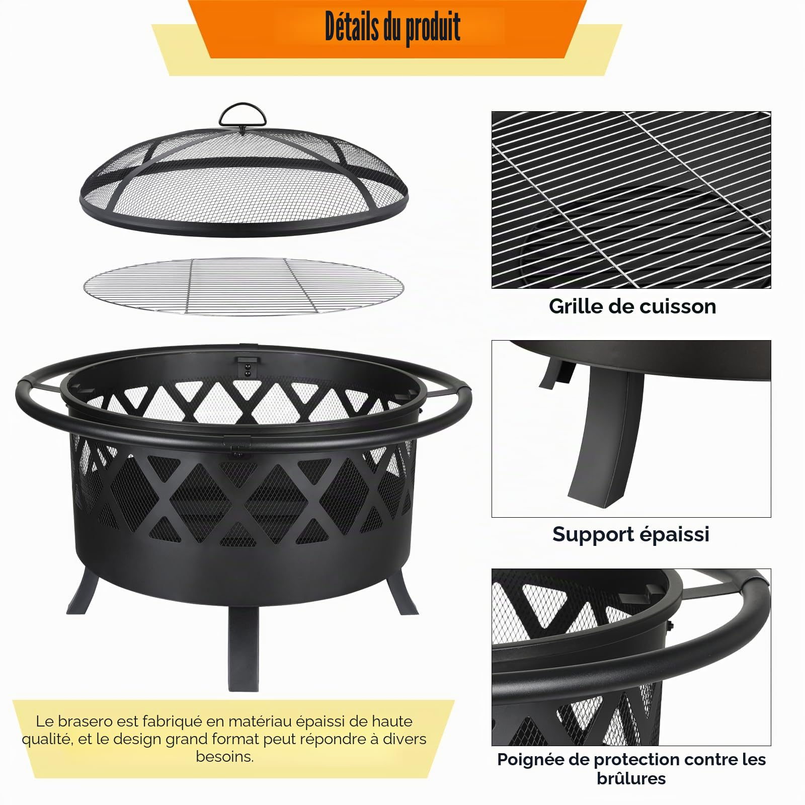 TLSUNNY Brasero Exterieur pour Jardin, Ø 81 cm Foyer, Brasero Barbecue avec Protection Anti-étincelles et Tisonnier, avec Grille de Barbecue, Grande Capacité, Noir