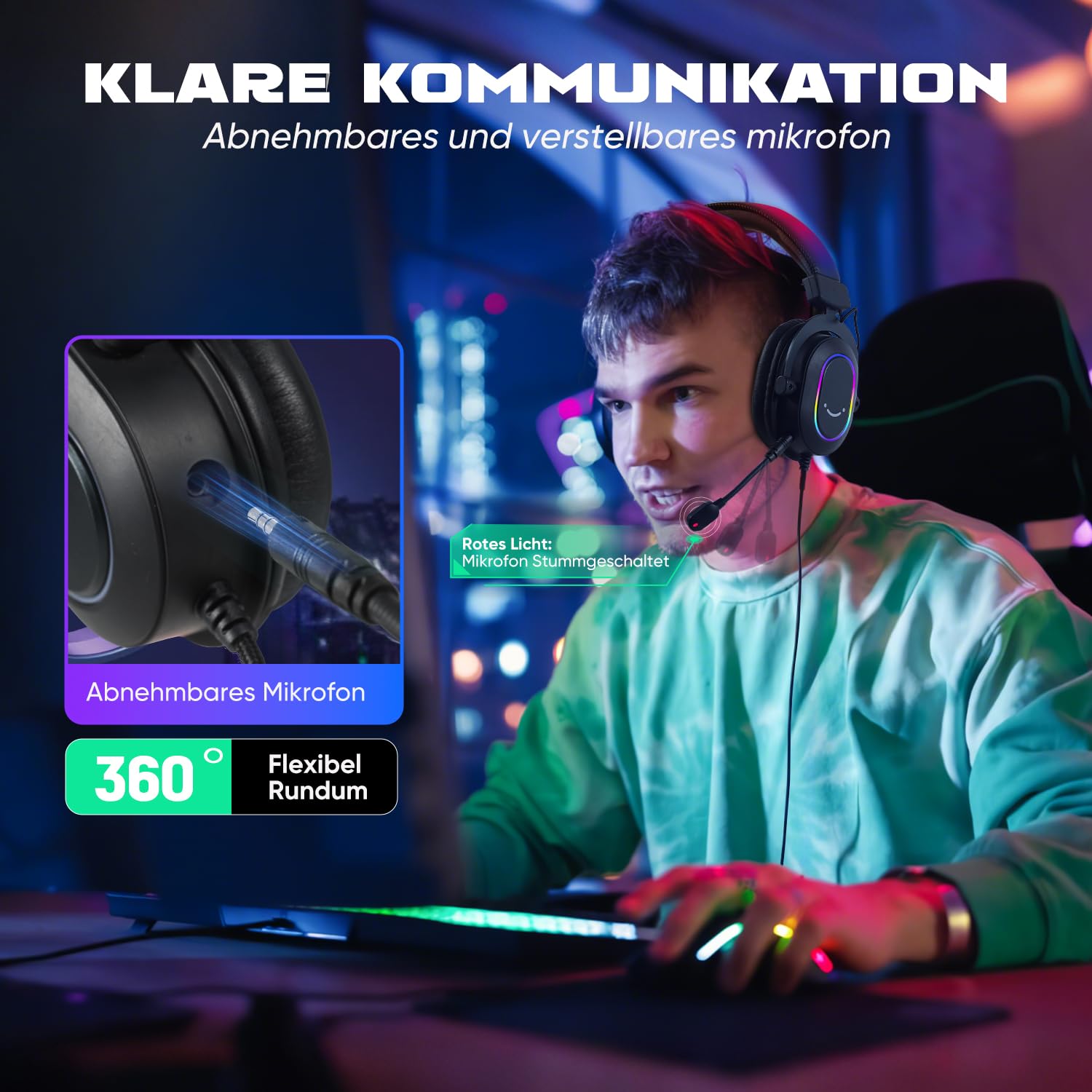 FIFINE Gaming Headset mit Mikrofon, Over Ear Kopfhörer mit Kabel, USB Headset für PC PS4 PS5, RGB Headphone mit 3 EQ-Modi, Surround Sound und Ohrpolster