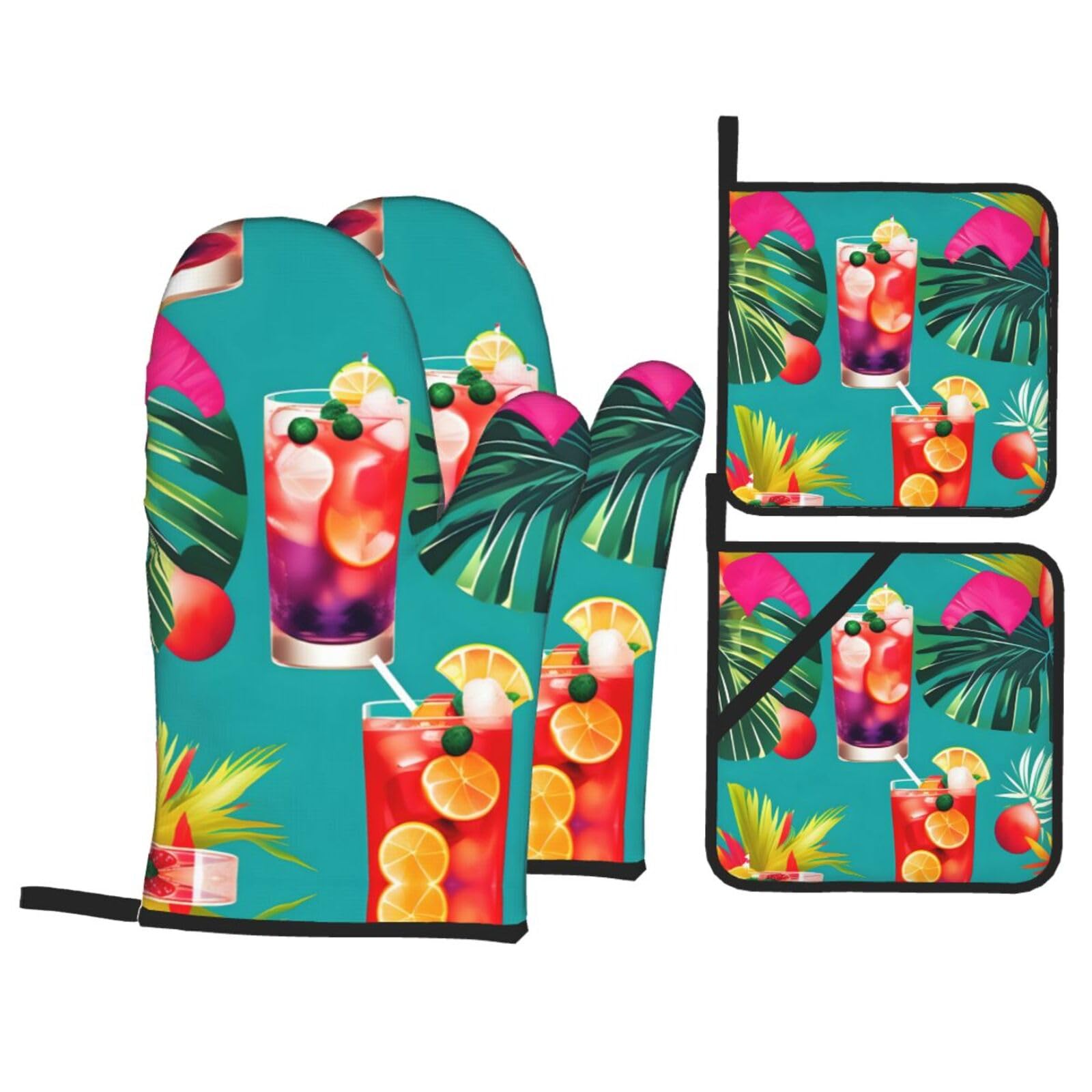 Tropical Cocktails Print Oven Mitts,Pot Holders, Heat Resistant Oven Mitts Gloves,Hot Pads for Kitchen Cooking Grill