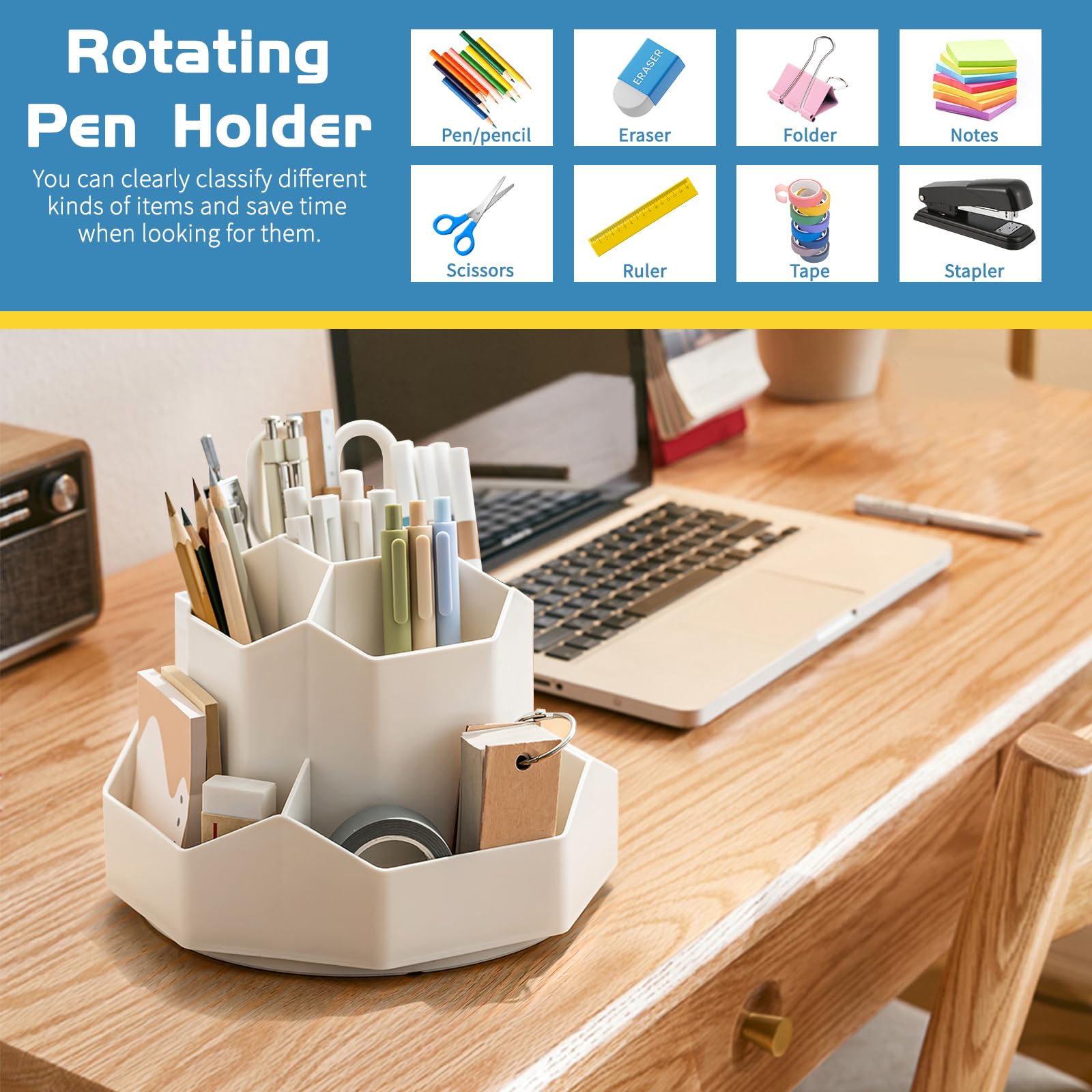 Ceysin Desk Organiser, 360 Degree Rotating Pen Pencil Holder with 9 Compartments - Image 2