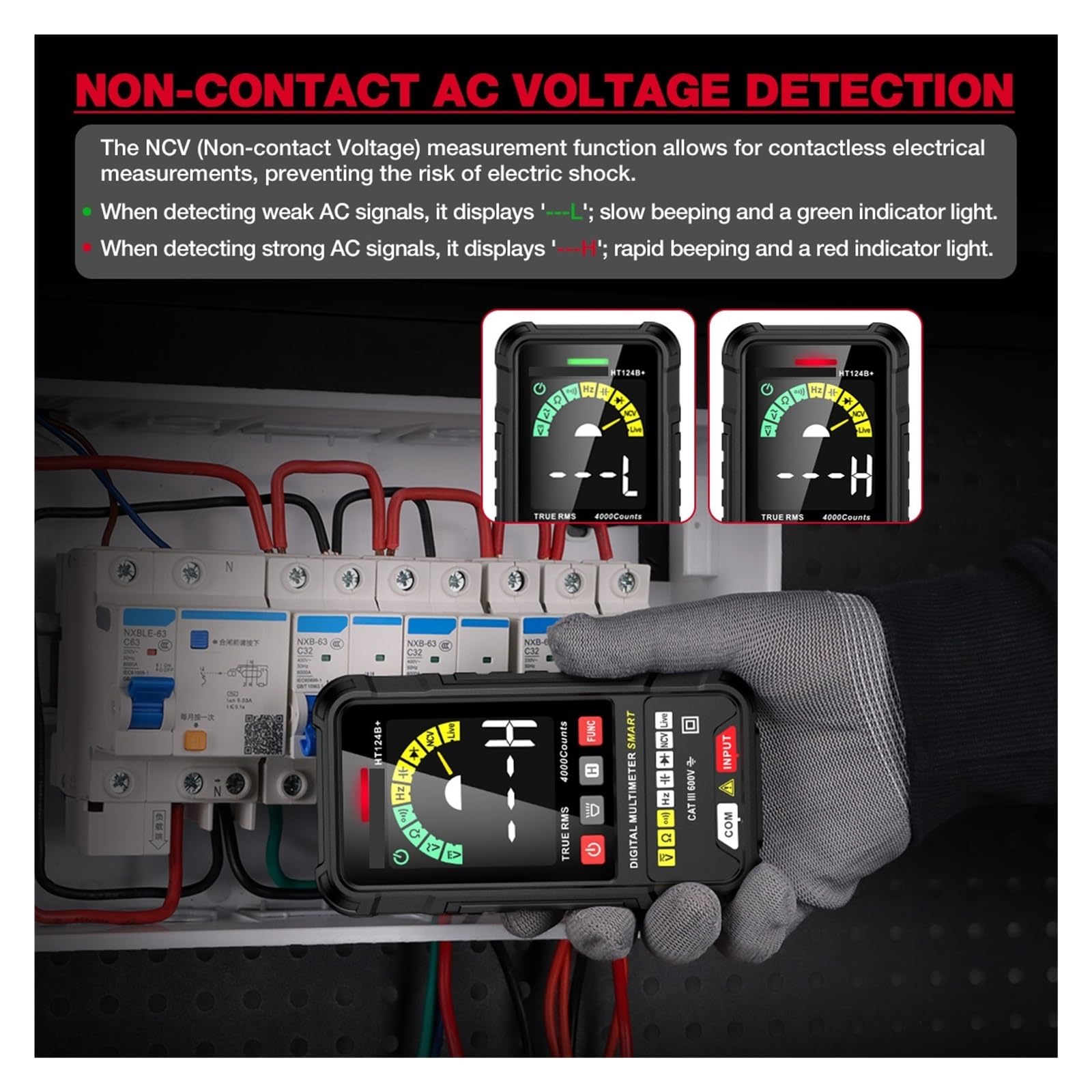 Multimetr Cyfrowy HT124 4000 Zliczeń Auto Zakres Tester Napięcia Ohm Hz Pojemność True AC DC DMM Multitester Bezpieczny, Praktyczny, DokłAdny(HT124B Plus)