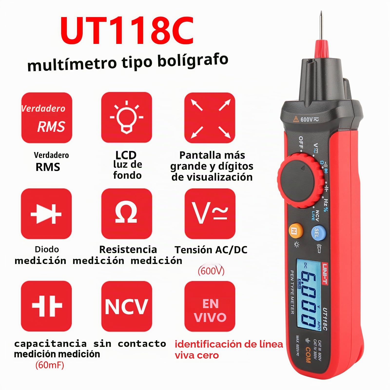 UNI-T UT118C - Multímetro digital True RMS Digital 6000 recuentos AC/DC Voltaje Resistencia Capacidad Frecuencia Diodo EF NCV Multitester