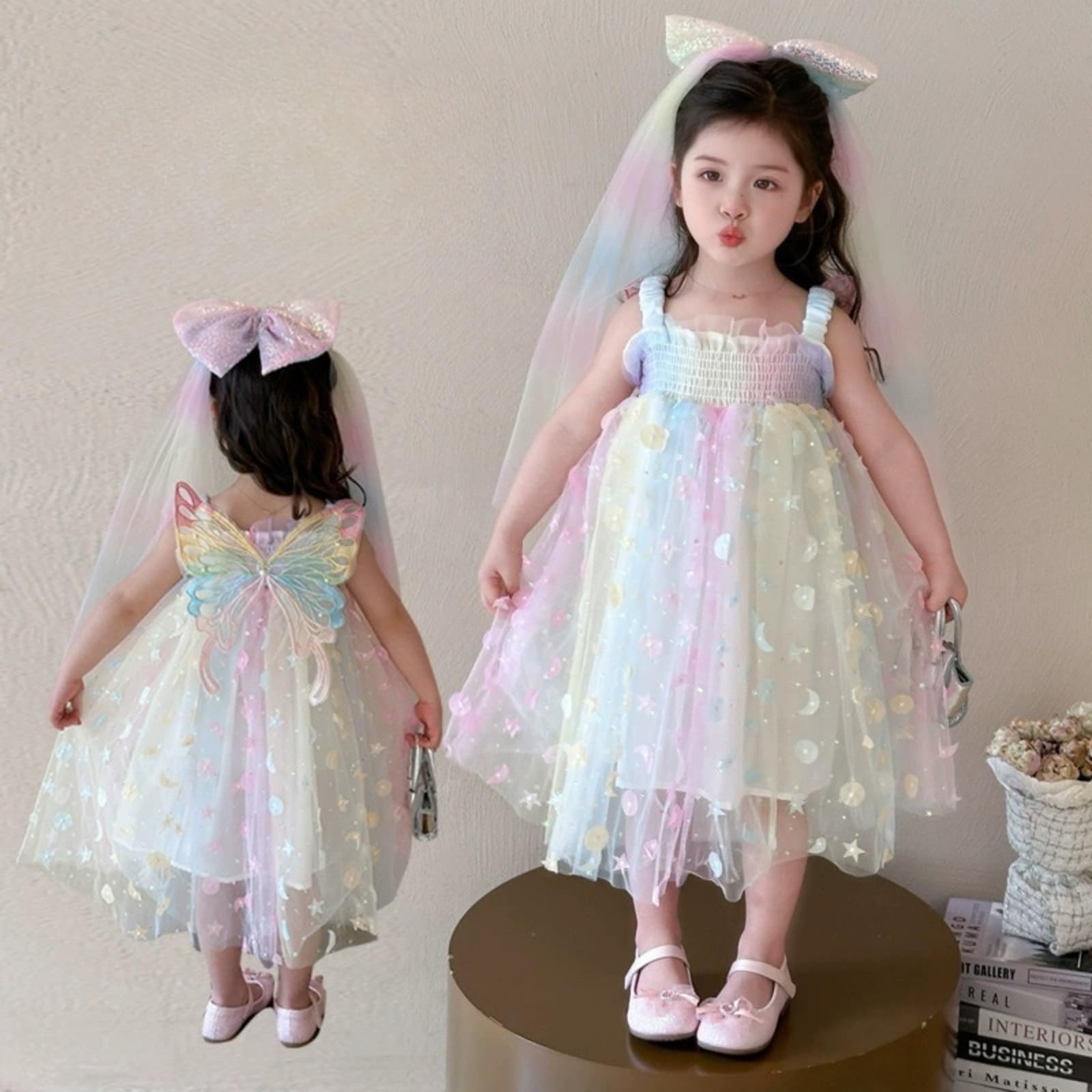 Vestito Elegante Estivo Senza Maniche per Bambina,Vestito Cerimonia Bambina in Tulle per Nozze,Damigella e Feste di Compleanno,con Scatola Regalo,Abito da Principessina per 4-8 Anni