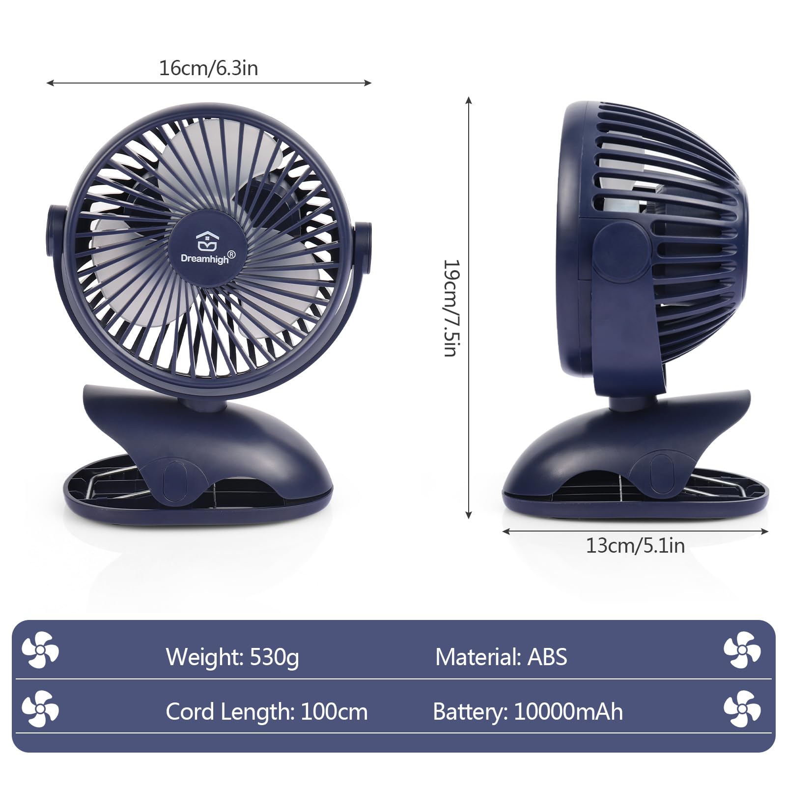 Dreamhigh® 10000 mAh wentylator USB, cichy, automatycznie obracany, przenośny, do ponownego ładowania, 4 stopnie prędkości, mini wentylator do domu, biura, wózka dziecięcego, na kemping