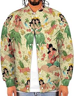 Men's Hawaiian Aloha Bomber Jacket Lightweight Casual Sportswear Button Down Coat with Pockets