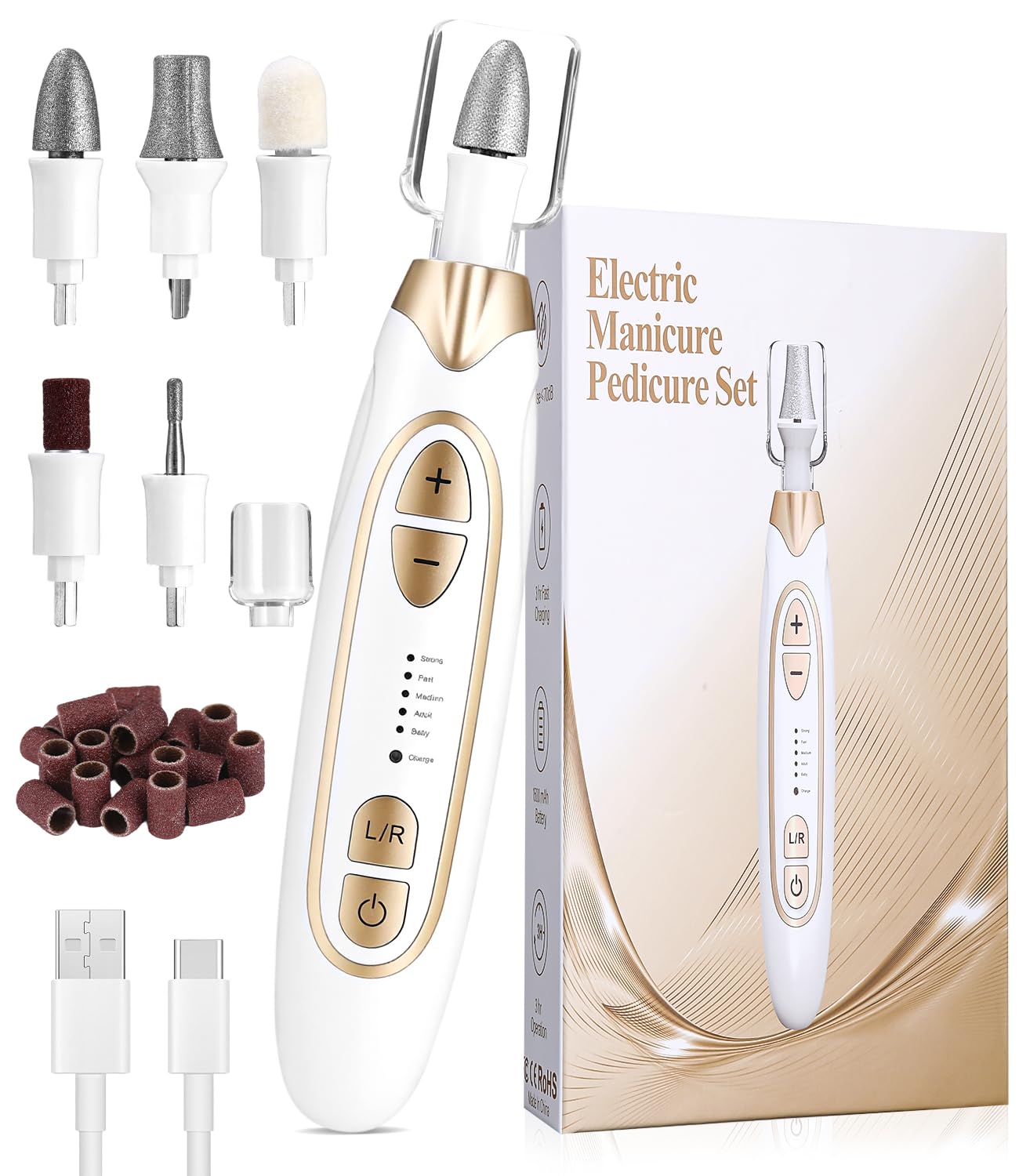 Maniküre/Pediküre Set, Nagelfräser, Elektrische Nagelfeile mit 6 Aufsätzen, 20 Sandringe, 5 Geschwindigkeitsstufen und LED Licht Weiß