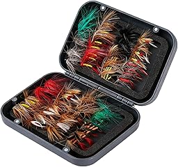 Fliegenfischen Köderset, 64 Nymphen, Streamer und Trockenfliegen in Box, Perfekt für Forelle und Barsch, Komplettes Forellen Köder Set und Fliegenrute Set Ersatz, Fly Fishing Lures