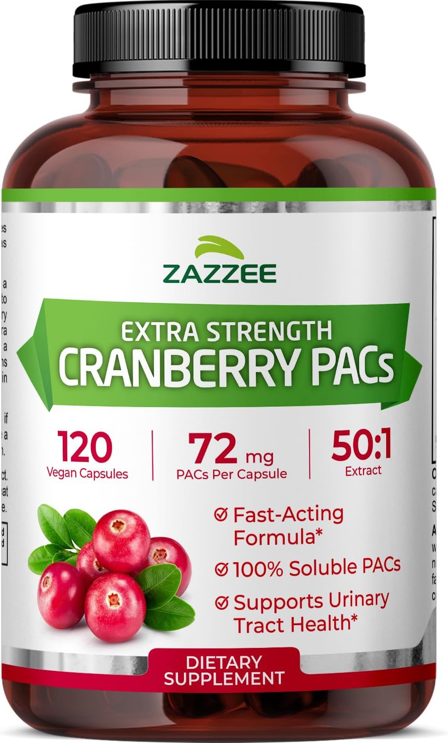Cranberry PACs 72 mg per Capsule, 50:1 Extract, 120 Vegan Capsules, 2X Strength, 4 Month Supply, Fast-Acting, Effective Urinary Tract & Bladder Support, 100% Soluble PACs, Made in the USA