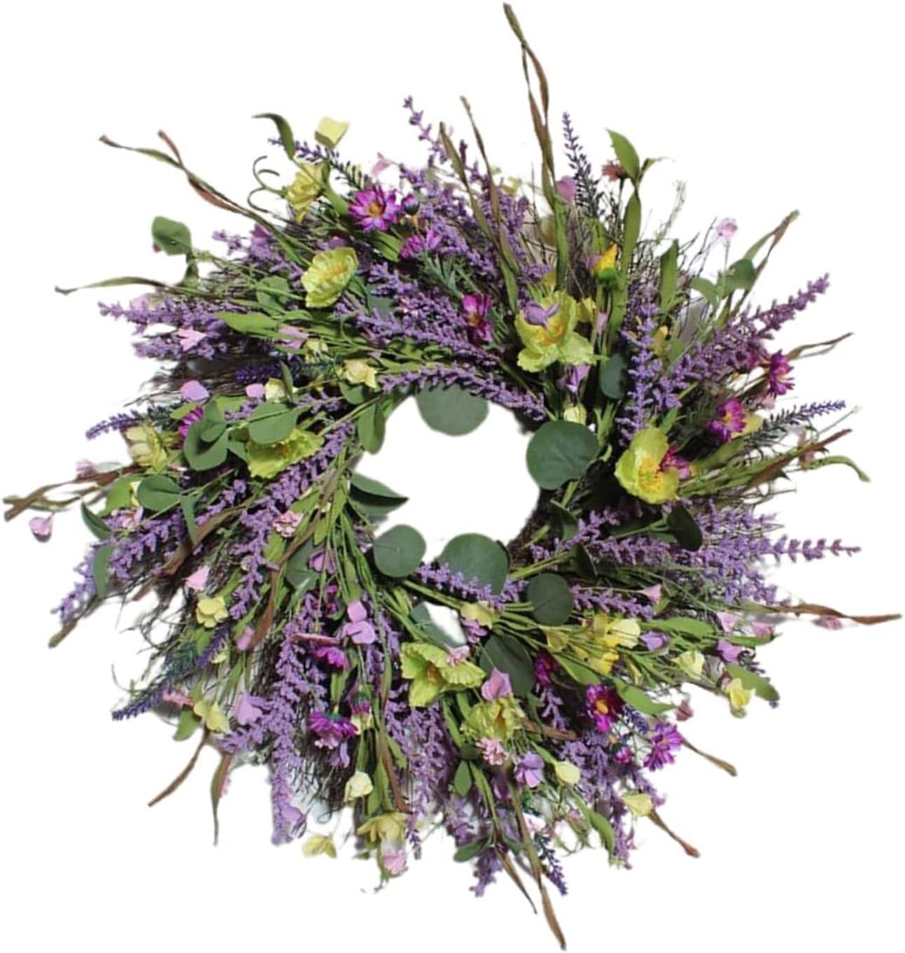 人工花輪、ラベンダー花輪、60cm/23.6インチ 人工ラベンダー花輪 ワイルドフラワー付き 玄関吊りガーランド飾り クリスマス 新