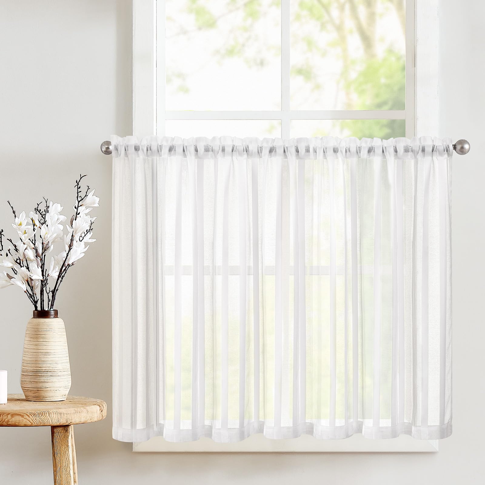 TOPICK Sheer Scheibengardinen mit Tunnelzug Transparent Bistrogadine Landhaus Streifen Voile Küchenvorhang Gestreift Küchengardinen Paarig für Badezimmer
