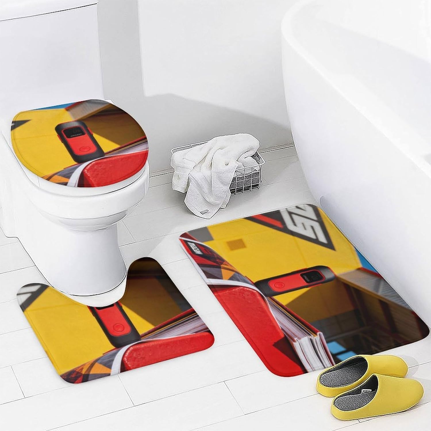 4 Piece Bathroom Rug Set with Shower Curtain, Non-Slip Bath Mat Toilet Cover Set, Color and Geometry Bathroom Rug Sets