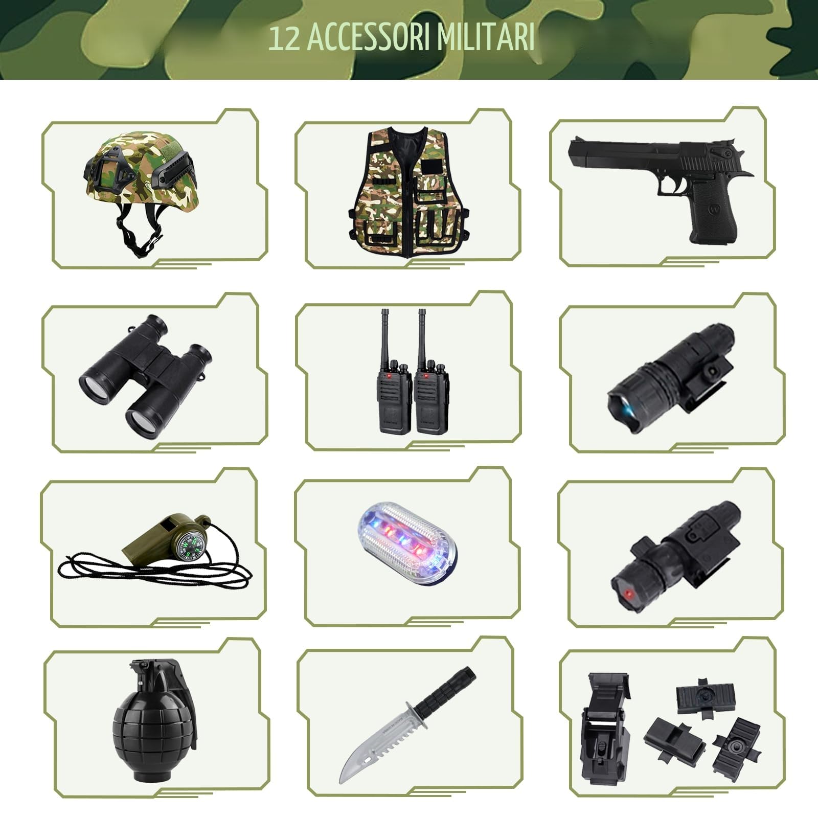 Vestito Militare Bambino, 12Pezzi Giocattolo Accessori Militari con Casco Militare Airsoft, Gilet Mimetica e Walkie-Talkie, Gioco di Ruolo Carnevale Costume Soldato per Ragazzi Ragazze