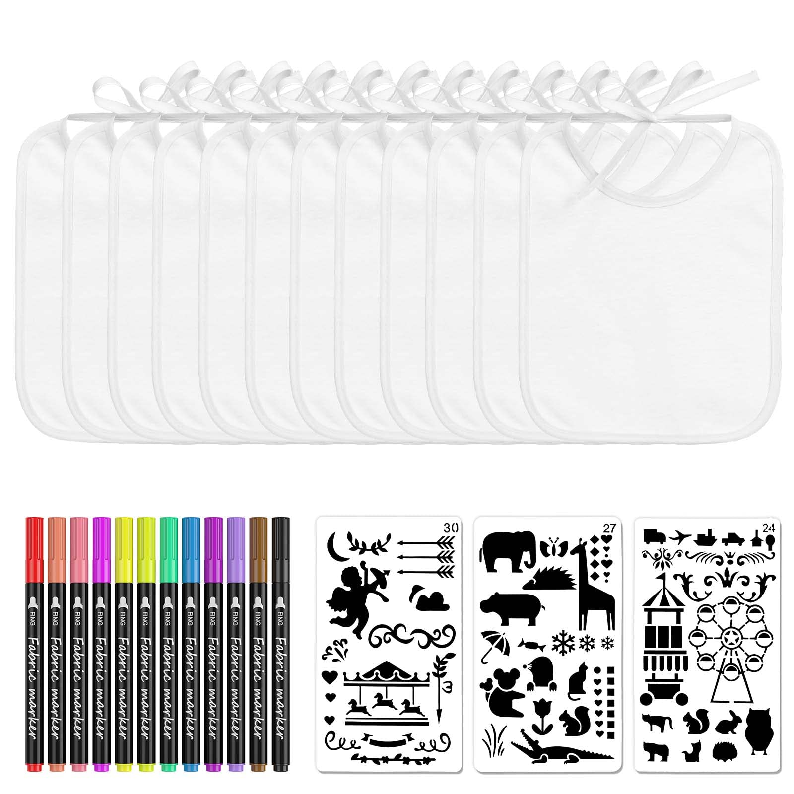 12 Stück Lätzchen zum Bemalen, mit 12 Farbigem Farbigem Textilstiften und 3 Malen Schablonen, Doppelseitiges Babylätzchen, Weiße Lätzchen Bemalen, Geschenk für Babyshower Party DIY (22 x 18 cm)