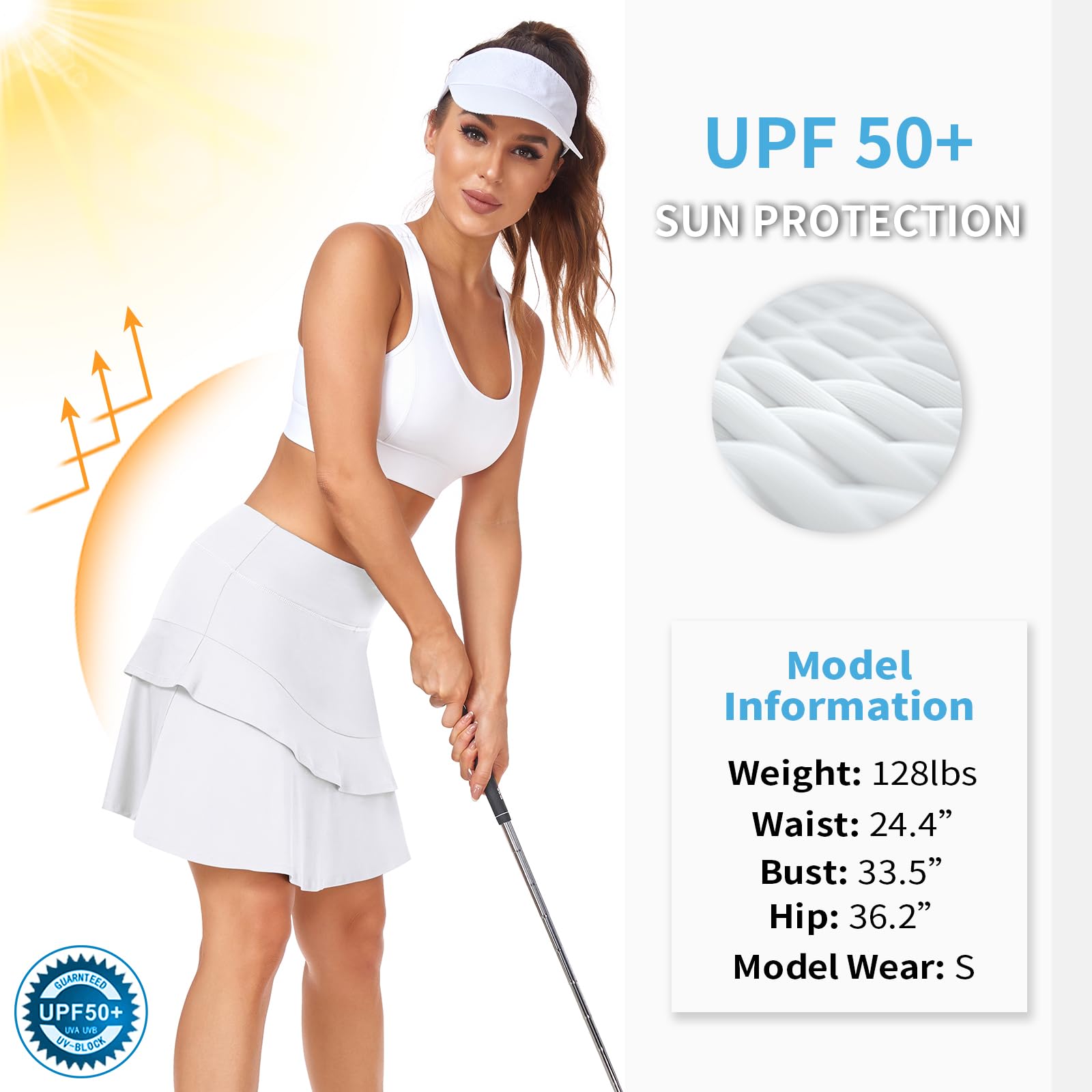 Soneven Jupe de Tennis pour Femme - Longueur Genou - avec Pantalon - Jupe de randonnée plissée - pour l'été - Sport - 3 Poches et Cordon de Serrage