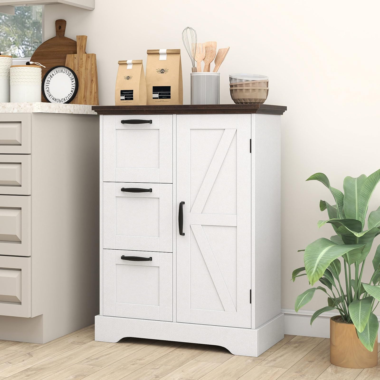 KOMFOTTEU Credenza Cucina con 3 Cassetti e Armadio con Ante, Mobile Cucina Dispensa con Kit Antiribaltamento, Mobiletto Cucina, per Soggiorno, Sala da Pranzo, 60 x 30 x 80 cm (Bianco)