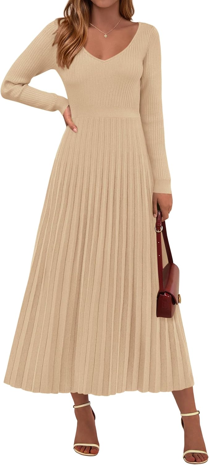 PRETTYGARDEN Women Sweater Dress Long Sleeve V Neck Maxi