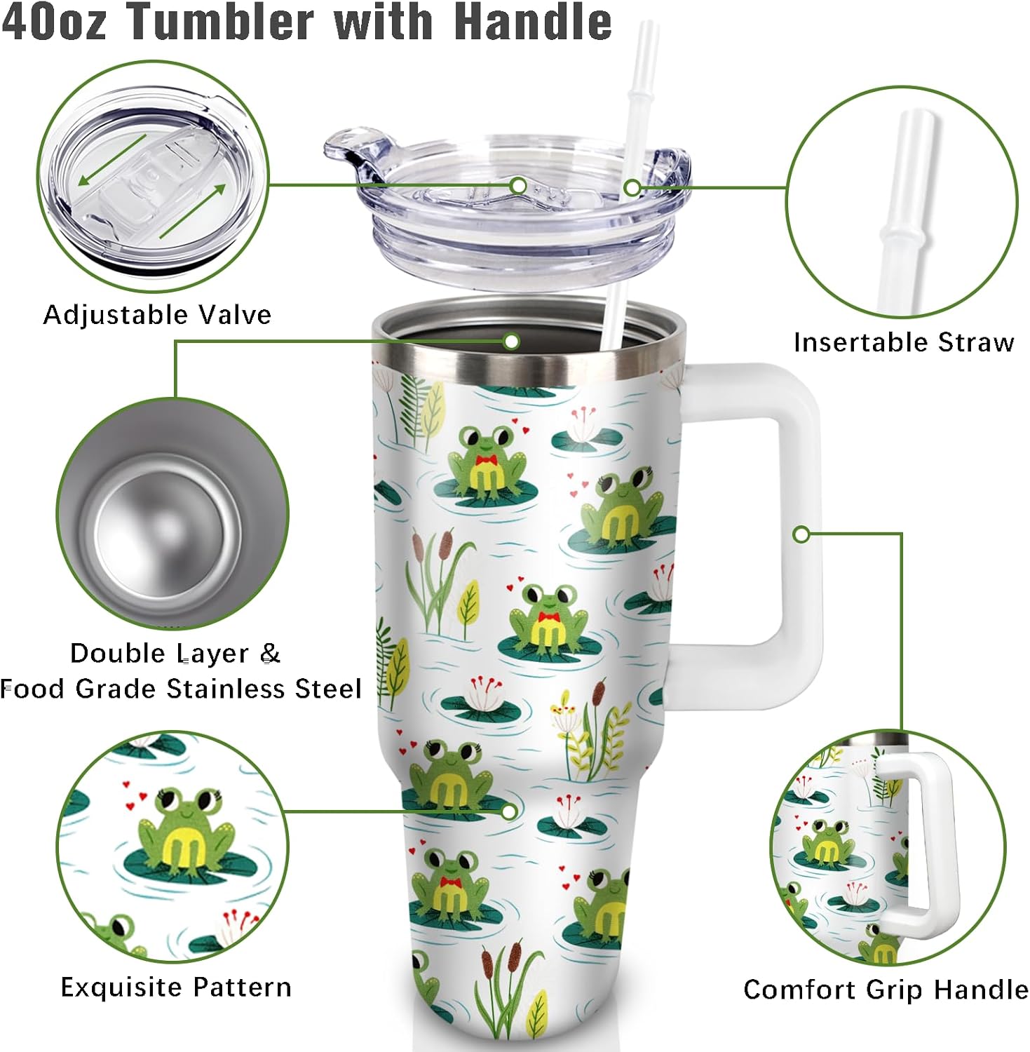 40oz Frog Tumbler With Handle and Straw, Insulated Stainless Frog Tumbler Coffee Travel Mugs Cup Water Bottle Gifts for Women Girls - Image 2