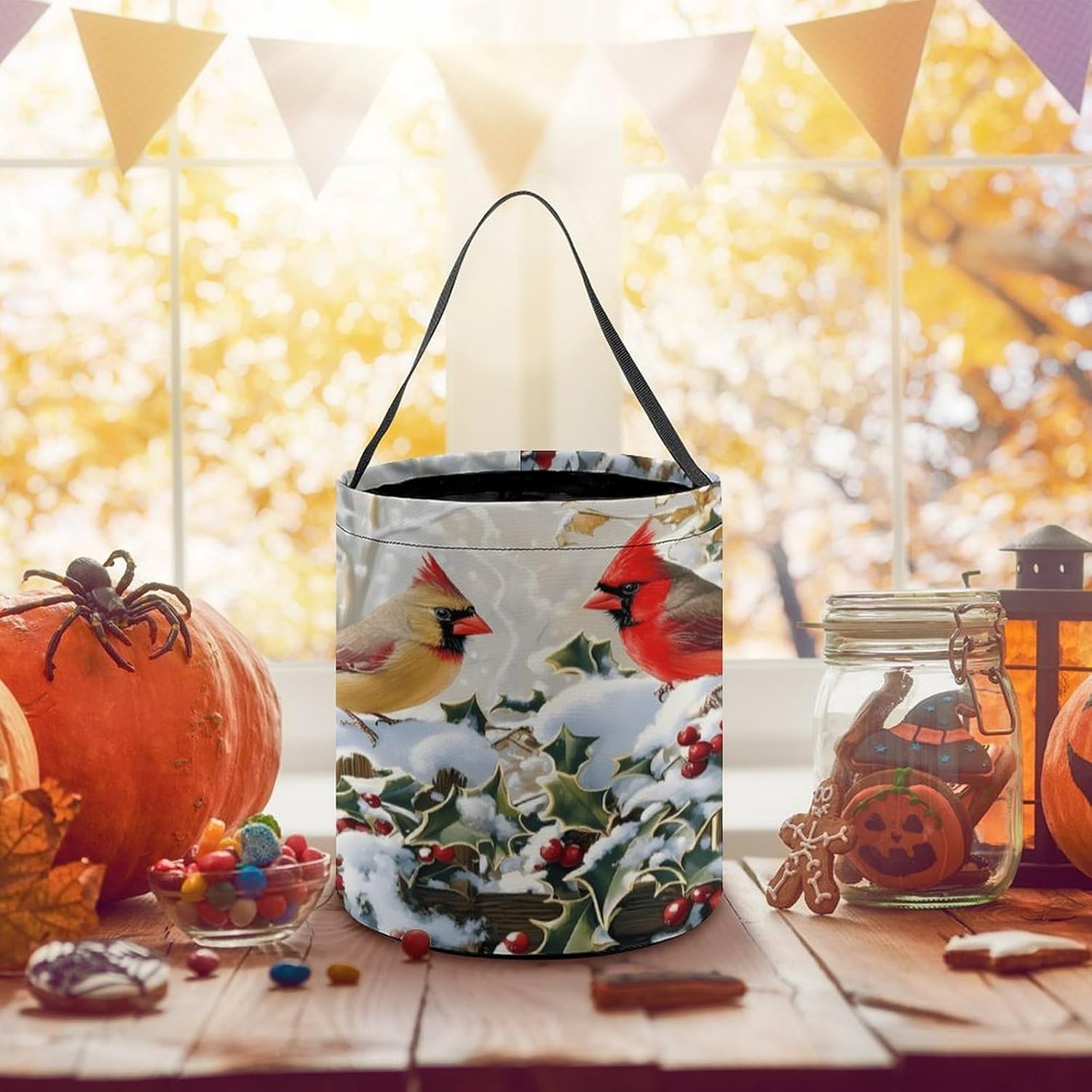 Bird Snowy Red Cardinal Halloween Treat Bag Reusable Candy Basket Tote Goody Bags Gift Party