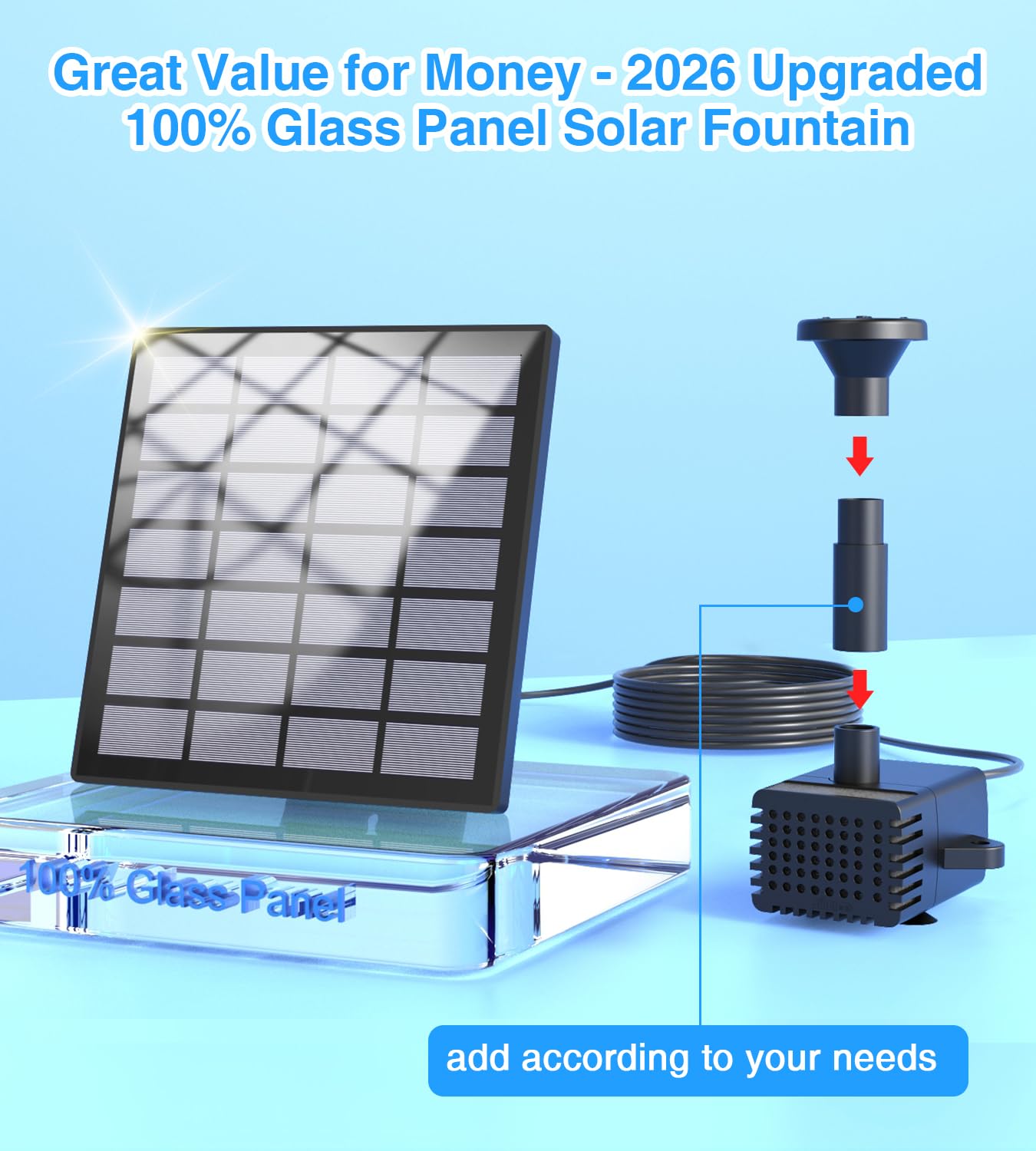 SZMP Solar Fountain Kit, 2026 Upgrade Adjustable Glass Panel Solar Powered Fountains, Outdoor Bird Bath Water Pump with Sucker, 9.84ft Cables, 10 Nozzles for Garden, Pond, Bird Bath, DIY Fountains — view 4