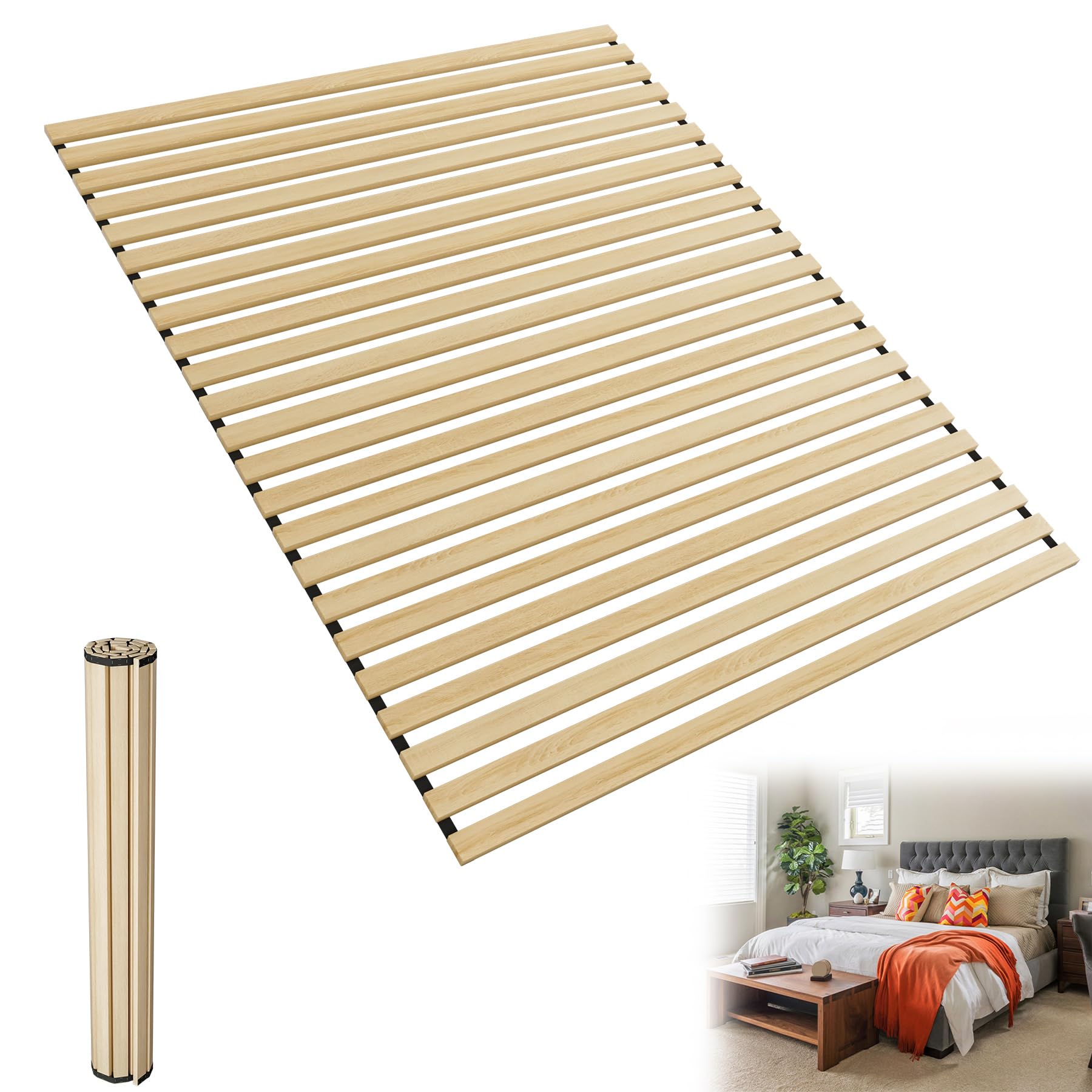 UISEBRT Somier enrollable de madera de abeto, 23 listones, 140 x 200 cm, listones de madera con goma negra, apto para todo tipo de colchones, capacidad de carga de hasta 300 kg