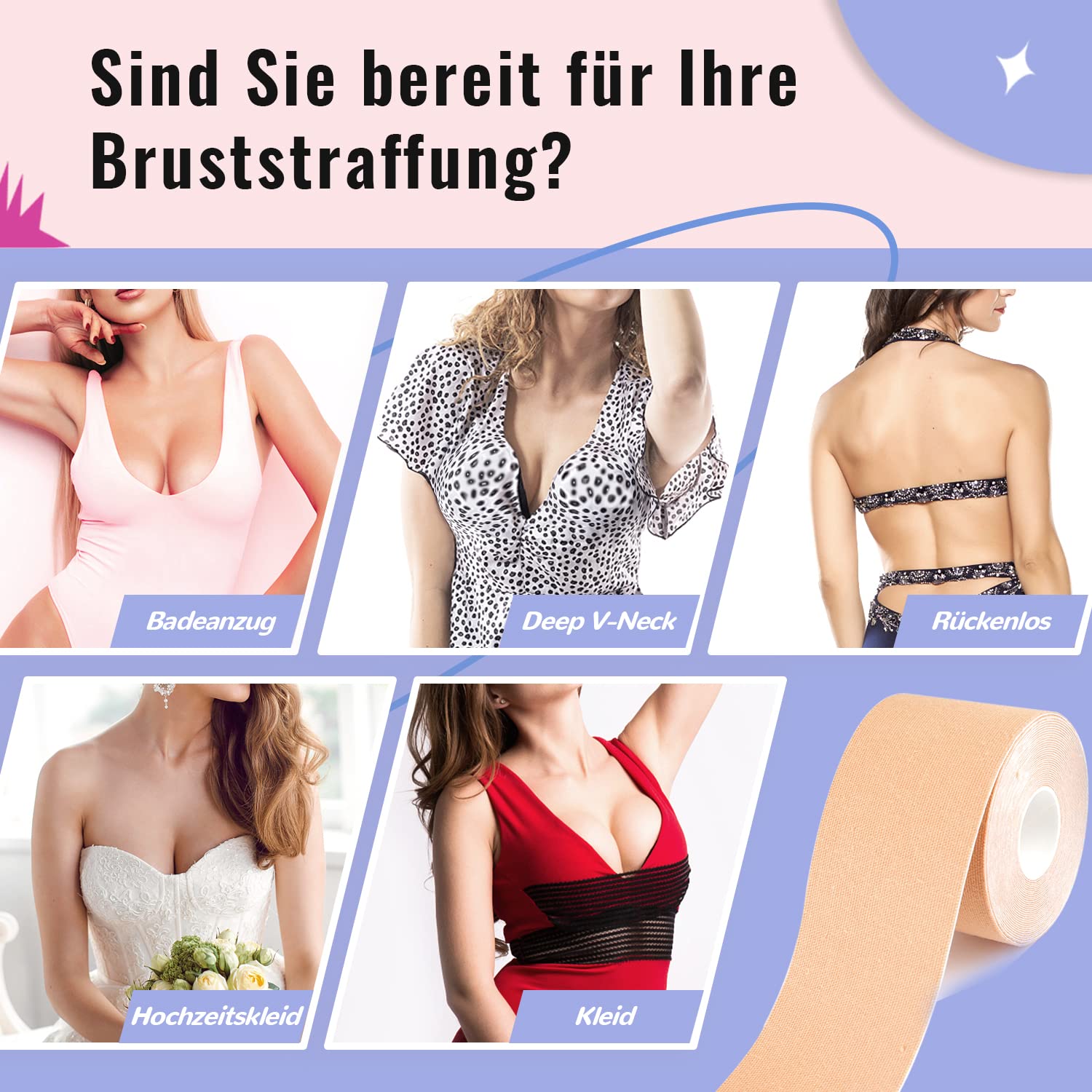 Klebe BH Push Up Brust Tape, Boobietape BH Rückenfrei Trägerloser BH, 10 Fashion Body Tape 2 Silikon Brüste Nippelpads Trägerlos für Körbchengrößen A-G Light Beige