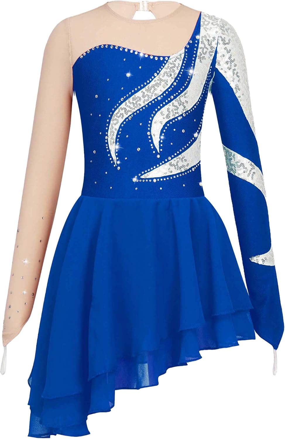 Kids Girls Rhinestone Long Sleeve Figure Ice Roller Skating Dress Asymmetrical Lyrical Dancewear Competition