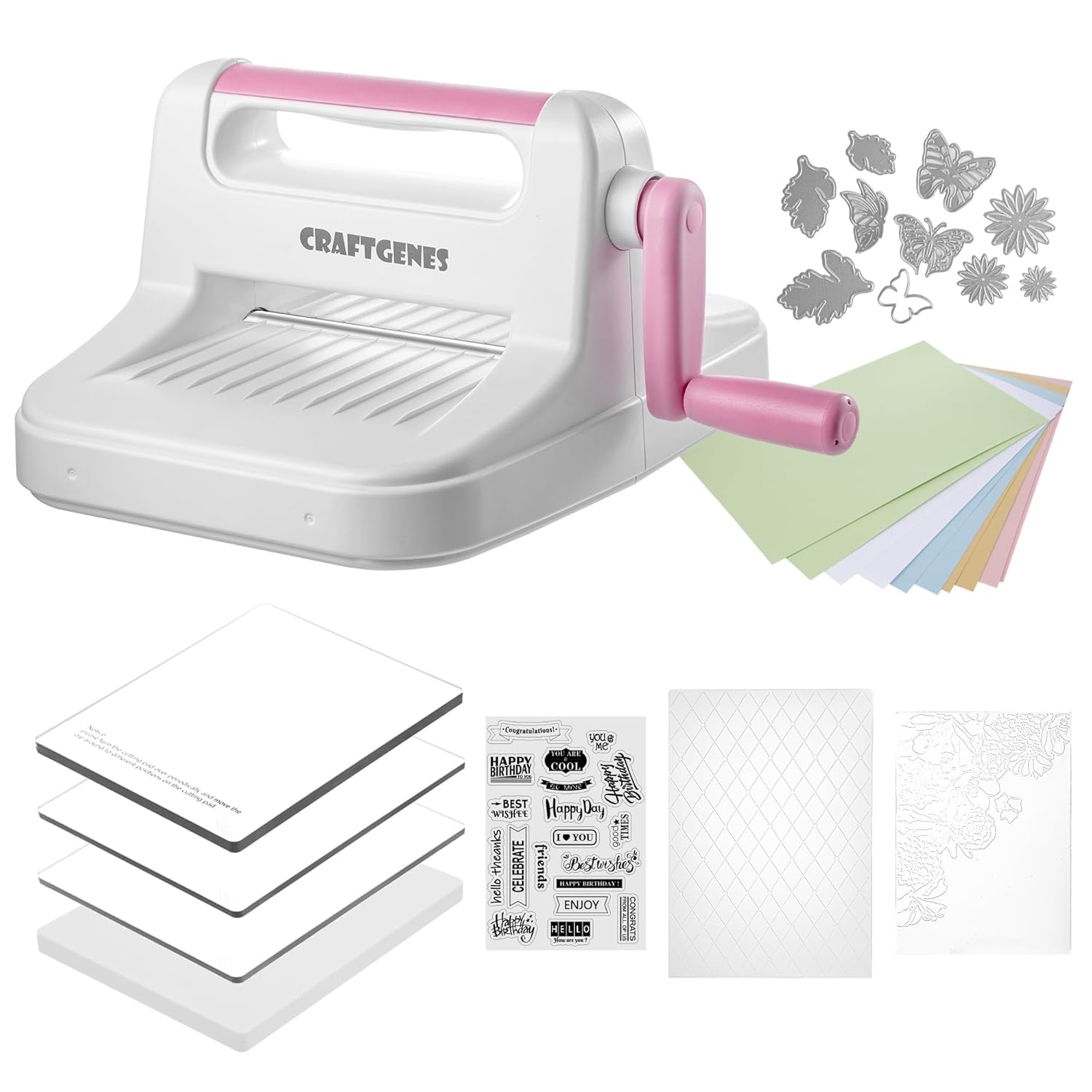CraftGenes Die Cutting Machine and Embossing Machine – 6'' Opening Size for Cardmaking, Scrapbooking, and DIY Crafts – Complete Set with A5 Die Cuts, Embossing Folders, and Plates(Pink)