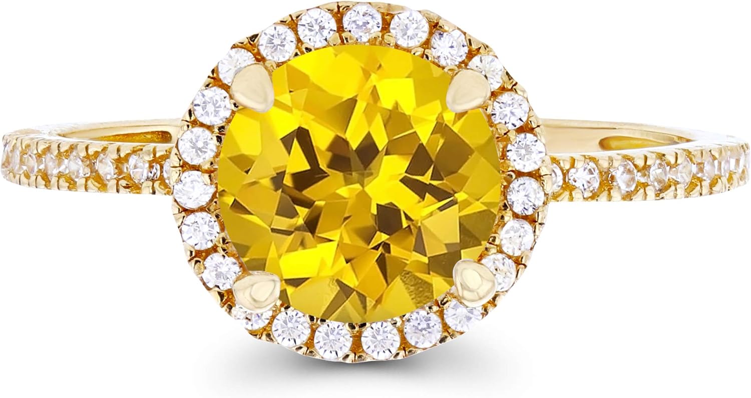 Solid 14K Yellow Gold 7mm Natural Genuine Birthstone & Created White Sapphire Halo Engagement Ring For Women, Size 7