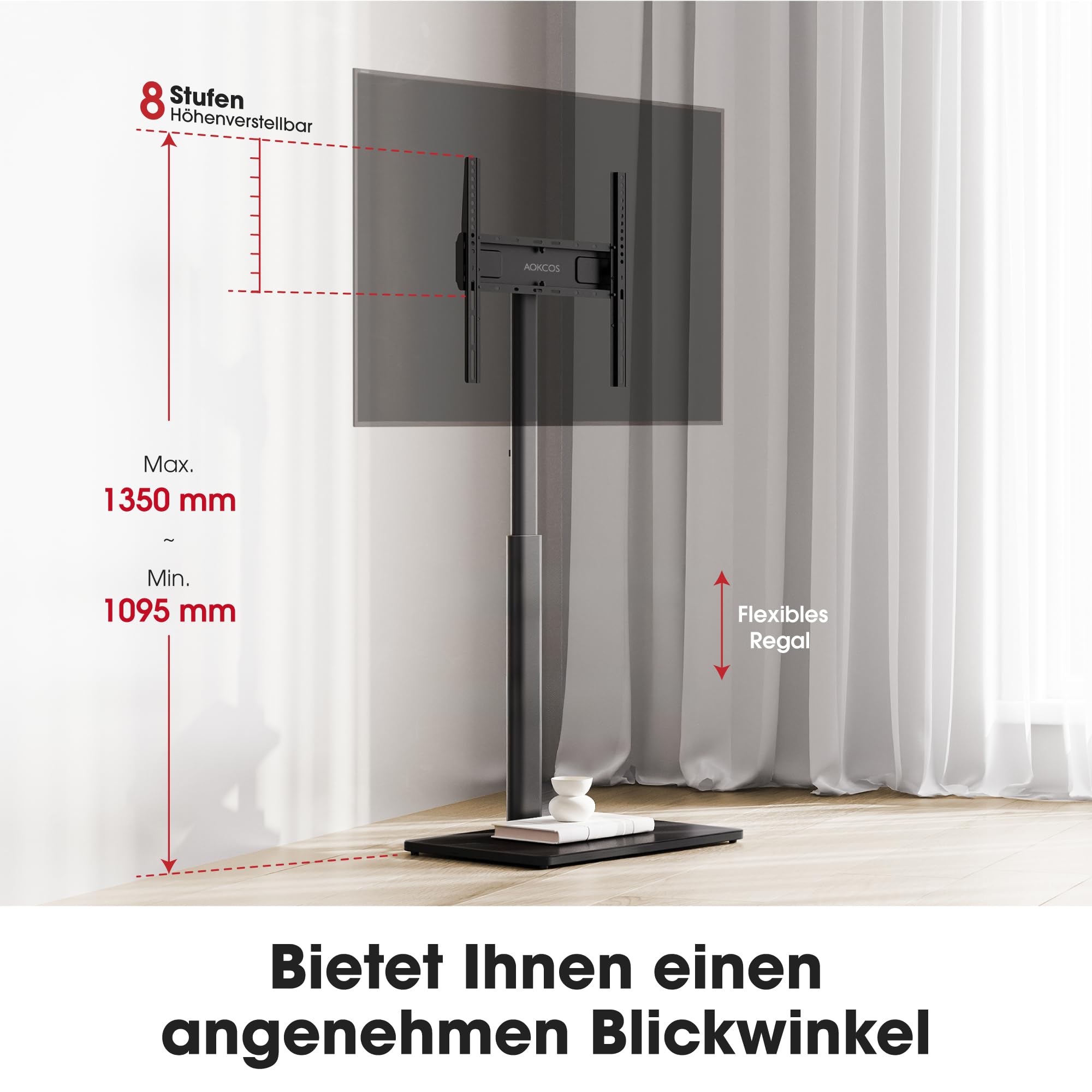 AOKCOS TV Ständer Bodenständer Höhe 1350mm für 32-55 65 70 Zoll Fernseher, Neigbar & Schwenkbar & Höhenverstellbar Fernsehständer, Universal TV Standfüße Standfuss Max VESA 400x400mm 40KG (Schwarz)