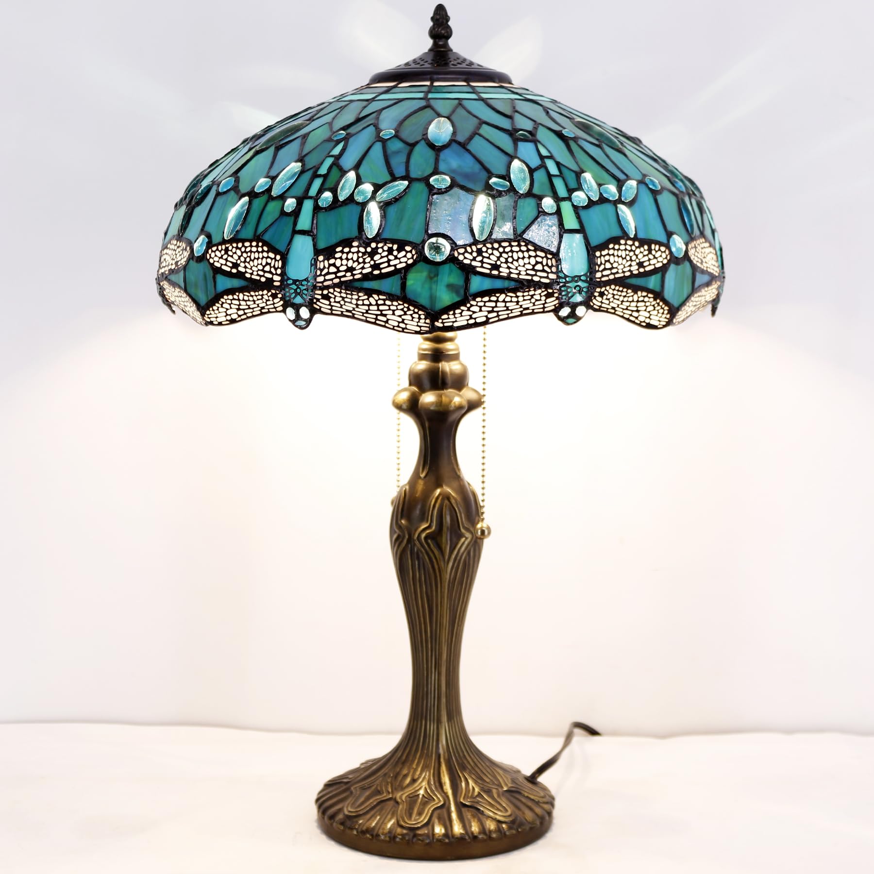 WERFACTORY Tiffany Table Lamp Green Stained Glass Dragonfly Bedside Lamp 16X16X24 Inches Desk Reading Light Metal Base Decor — view 4