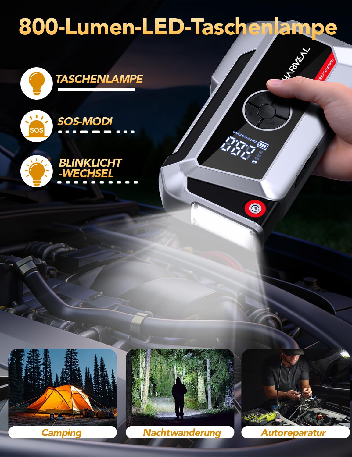 SHARMEAL Avviatore Batteria Auto con Compressore 250PSI, 10000A Booster Avviamento Auto (Tutti Gas/10.0L Diesel), Avviatore Emergenza Starter Batteria con Torcia a LED