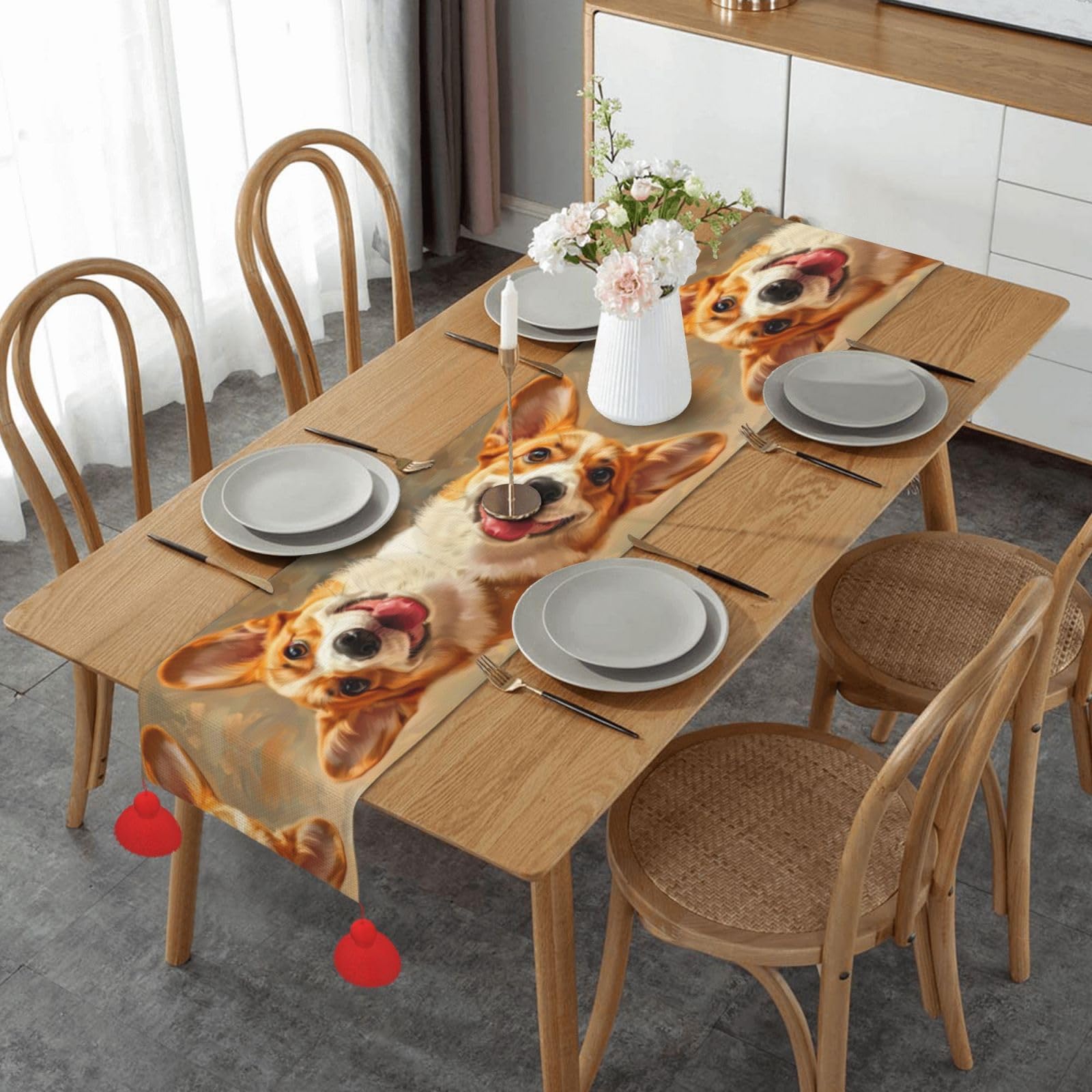 Chemin de table corgi mignon lavable et résistant pour décoration de ferme