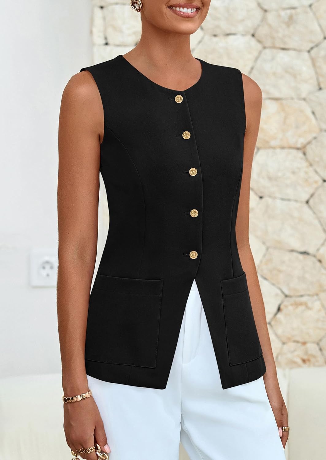 PRETTYGARDEN Blazer Vest Tops for Women Sleeveless Button Down Business Casual Outfits Work Suit Vests Waistcoat - Image 4