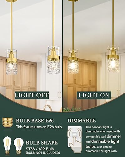 Miniatura 8 de LMS LMS-171GD2 - Paquete de 2 luces colgantes modernas, color oro cepillado, isla de cocina con vidrio martillado, lámparas colgantes ajustables