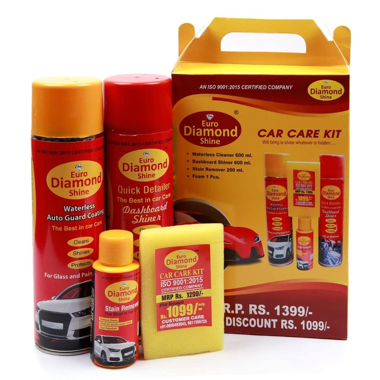 Euro Diamond Shine Large Kit- Car Dashboard Shiner+ Waterless Drywas Car Cleaner & Polish+ Stain Remover+ Sponge- Set of 4 Items (1400ml)-picture-24