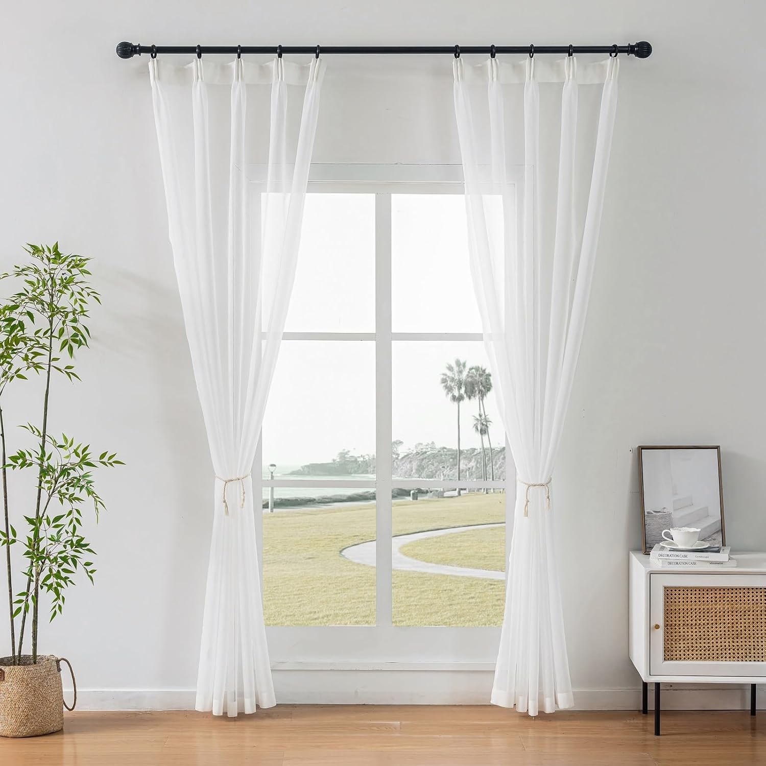 Off White Sheer Curtain Linen Look 96 Inches Long 2 Panels, Gauze Pinch Pleat Curtains & Drapes Light Filtering, Thin Semi Transparent Ceiling Curtains with Hook, Elegant Window Treatments