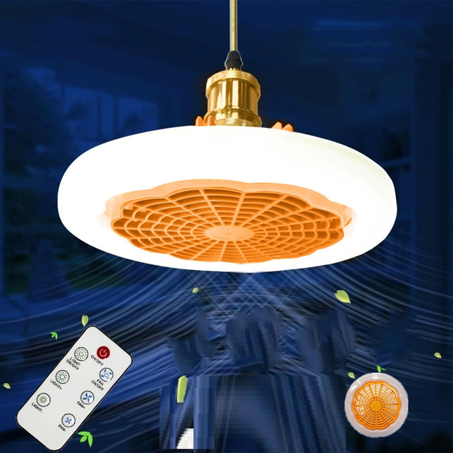 GQMYCDM Modern Ceiling Fans with Lights, Enclosed Ceiling Fan with Light and Remote, Bladeless Ceiling Fan, Dimmable Smart Ceiling Fans for Bedroom Living Room Kitchen Home Indoor(Orange)