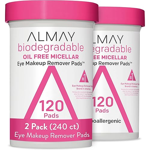 Almay Biodegradable Oil Free Micellar Eye Makeup Remover Pads, Hypoallergenic, Cruelty Free, Fragrance Free Cleansing Wipes, 2 Pack
