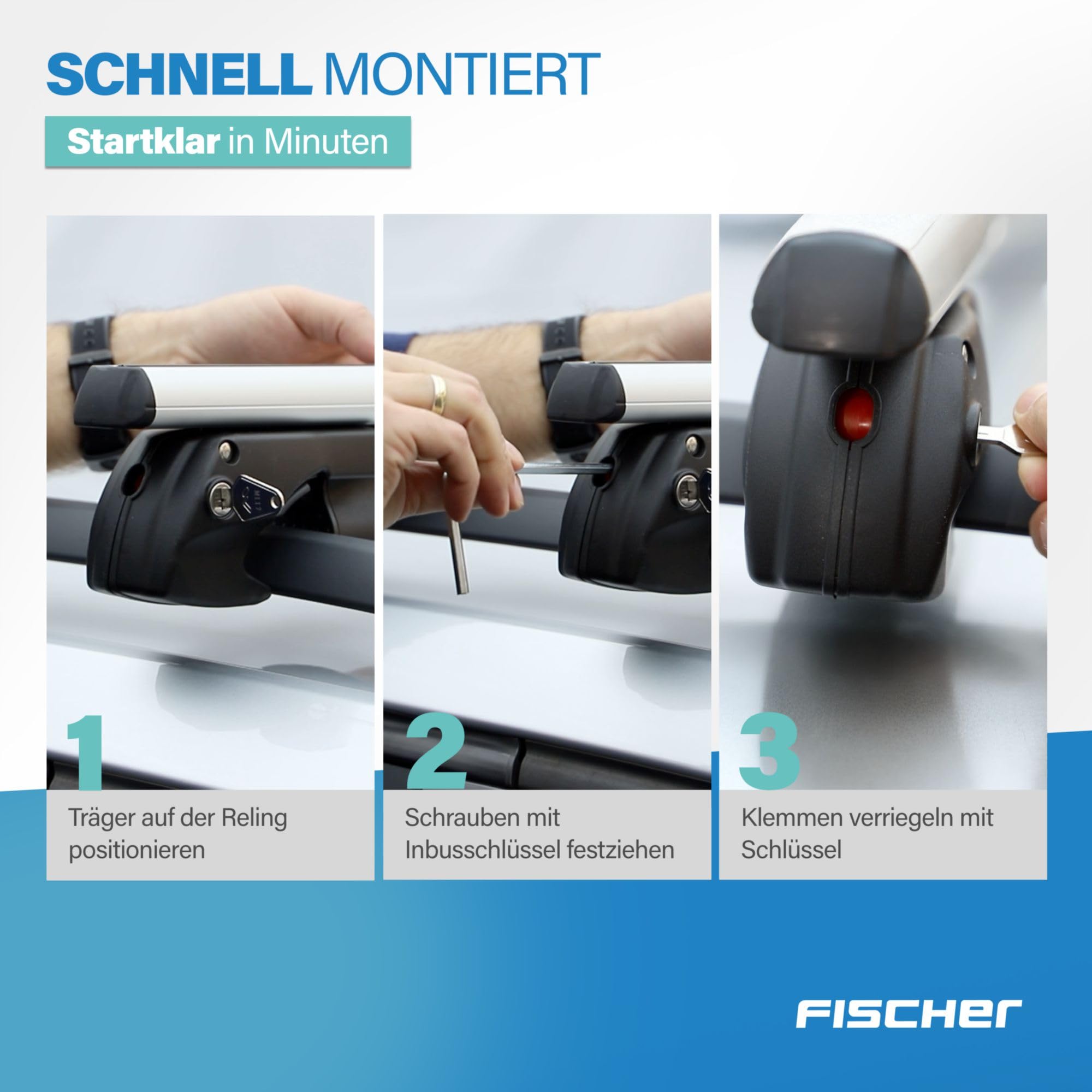FISCHER Relingträger Topline L, für Fahrradträger, Dachboxen oder als Skihalter, für offene Dachrelinge, Aluminium, Tragkraft 90 kg, vormontiert, inklusive Schloss, Barrenstärke 45 x 28 mm, Barrenlänge 120 cm