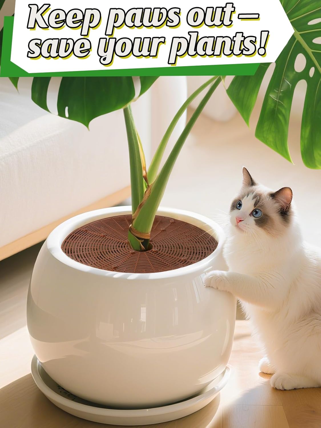 ANPHSIN 3 Plant Pot Grid Cover Protectors from Animals - 20.8" Dia Cuttable Flower Pot Soil Cover with 36 Stakes, Keep Cats Out of Potted Plants, Indoor Cat Digging Stopper, Baby Safety